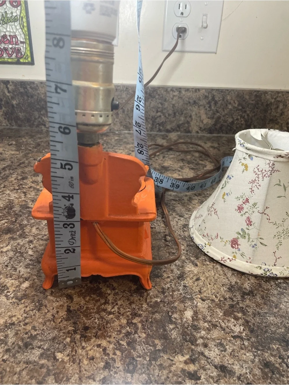 ACME Orange Mini Cast Iron Stove Lantern Vtg Salesmen Sample Floral Fabric Shade